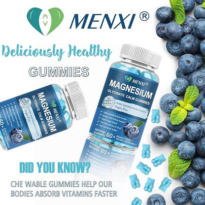 Magnesium Gummies 600mg per Serving-Magnesium Glycinate 400mg and Magnesium Malate 200mg,Sugar Free Magnesium Potassium Supplement for Calm Mood, Muscle, Bone & Sleep Support,60 Blueberry Gummies