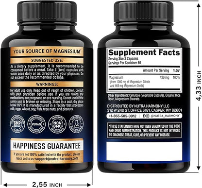Magnesium Citrate Capsules 1000mg | High Absorption Supplement - Sleep, Muscle & Heart Support - Vegan | Non-GMO - Made in USA - As Powder | Pills | Tablets - 120 Capsules, 2 Month Supply