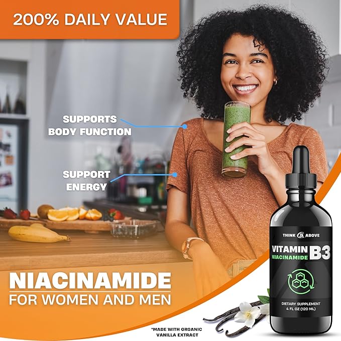 Liquid Vitamin B3 (as Niacinamide) Supplement - Non Flush Form of Niacin - Fast Absorption -Convenient Niacin Drops for Women and Men - 4 oz (120ml)