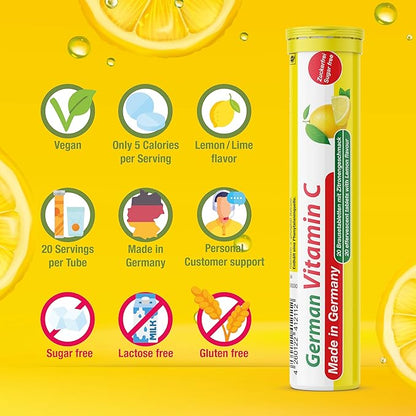 T&D German Vitamin C 180 mg - 140 Vegan Drink Effervescent Tablets - Lemon Lime Flavor - Made in Germany
