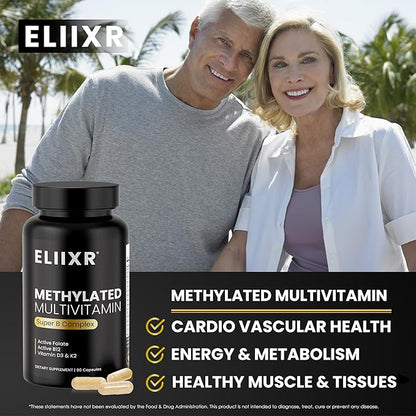Eliixr Methylated Multivitamin Supplement for Men and Women with Active Methyl B12 and 5-MTHF Methylfolate 90 Vegetable Capsules Iron Free Made in The USA