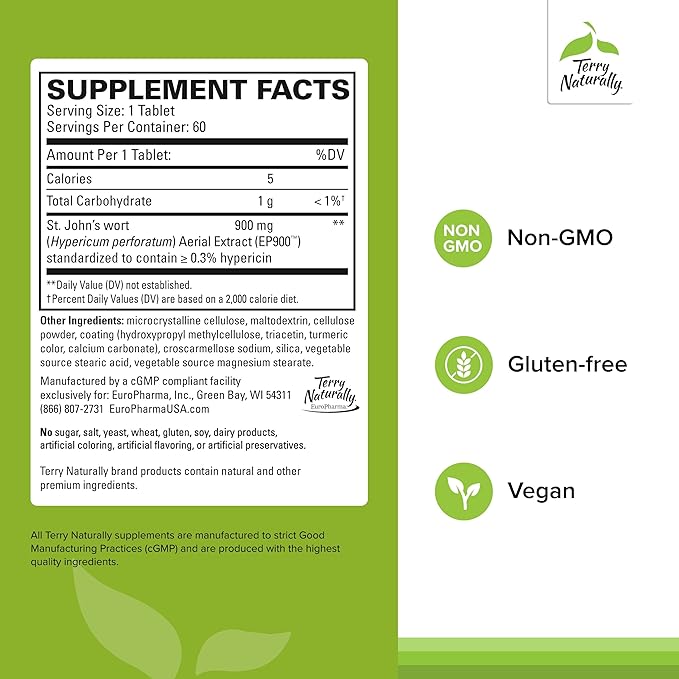 Terry Naturally St. John’s Wort 900 mg - 60 Tablets - Non-GMO, Vegan, Gluten Free - 60 Servings