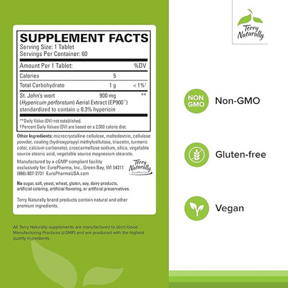 Terry Naturally St. John’s Wort 900 mg - 60 Tablets - Non-GMO, Vegan, Gluten Free - 60 Servings