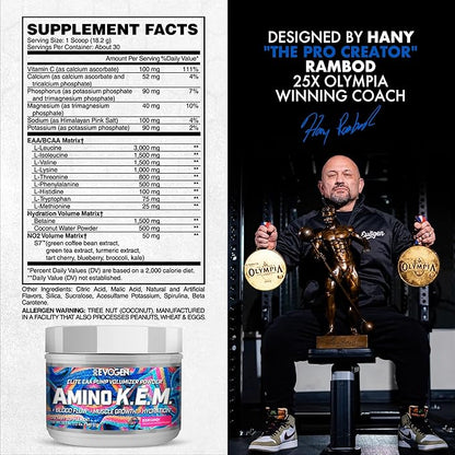 Evogen Amino K.E.M. - EAA & BCAA Powder Pump Volumizer | BCAAs Amino Acids Supplement for Blood Flow, Muscle Growth, & Hydration | Sour Candy | 30 Servings