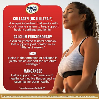 Move Free Ultra Pro with Quadruple Action Joint Support - Type 2 Collagen MSM Calcium Fructoborate & Manganese - Supports Joint Cartiliage Bone Connective Tissue, 120 Tablets (30 servings)