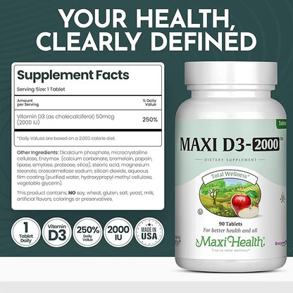 Maxi-Health Vitamin D3 2000 IU - For Healthy Muscle Function, Bone Health and Immune Support – 90 Tablets – Best Kosher Supplement For Adults