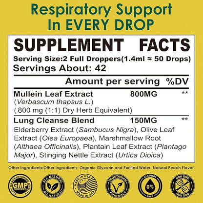 Mullein Drops for Lungs, Mullein Leaf Extract Herbal Supplement, Natural Lung Cleanse, Respiratory & Immune Support, Breathe Health, Tincture with Marshmallow, Elderberry - 2 fl Ounces