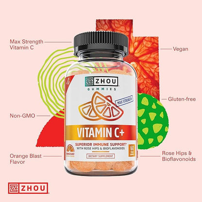Zhou Nutrition Vitamin C+ Immune Support Gummies Max Strength with Rose Hips & Bioflavonoids, Non-GMO, Vegan, Gluten Free, Orange Blast Flavor, 60 Count