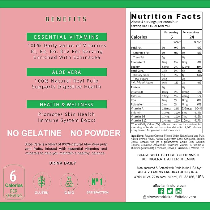 ALFA VITAMINS Aloe Vera Drink Original Flavor - Natural Pulp - 34 Ounce - 6 Pack (Lychee)