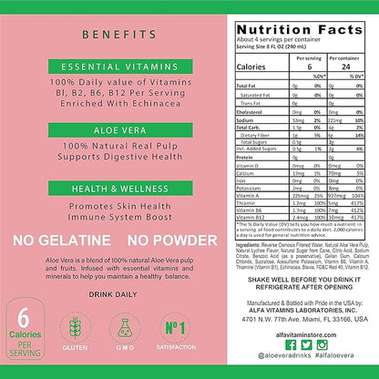 ALFA VITAMINS Aloe Vera Drink Original Flavor - Natural Pulp - 34 Ounce - 6 Pack (Lychee)