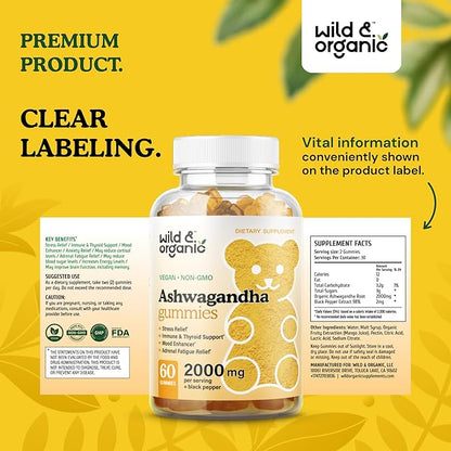 Wild & Organic Ashwagandha Gummies 2000mg - Mood Support Supplement w/Ashwagandha Root Extra Strength - Natural Calm Supplements Gummies - 60 Vegan, Non-GMO Chews
