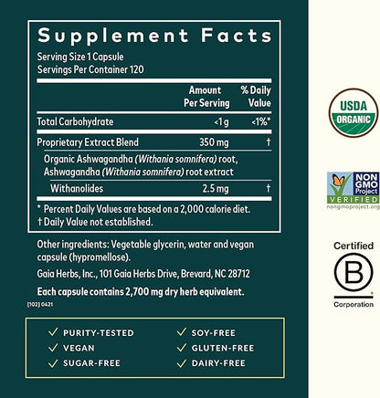 Gaia Herbs Ashwagandha Root - Stress Relief & Immune Support Supplement - Supports Balanced Energy Levels and Positive Outlook - 120 Vegan Liquid Phyto Capsules (1 Pack)
