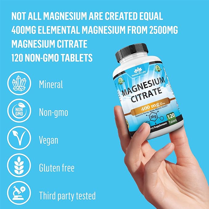 Magnesium Citrate 400 mg - High Potency Elemental Magnesium Essential Mineral for Heart, Muscle, & Digestion Support – Non-GMO - 120 Tablets