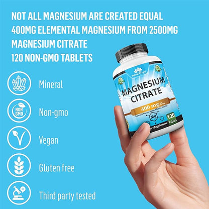 Magnesium Citrate 400 mg - High Potency Elemental Magnesium Essential Mineral for Heart, Muscle, & Digestion Support – Non-GMO - 120 Tablets
