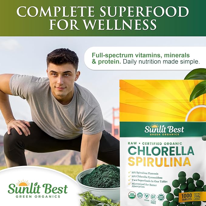 Sunlit Best Chlorella Spirulina Tablets - Organic USDA, Premium Spirulinas and Chlorella Capsules 1000 Pills - Chlorellas Natural Superfood with Spirulina Algae, Enzymes Chlorophyll & Vegan Protein