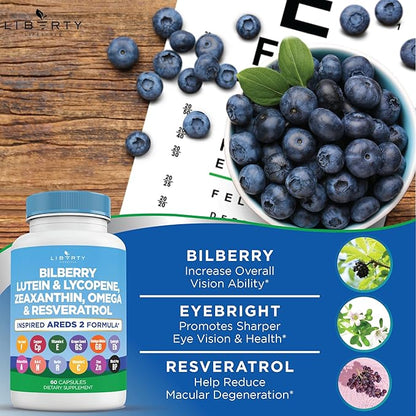 Eye Health Vitamins with Bilberry, Lutein & Zeaxanthin, Lycopene, Resveratrol, Grape Seed Extract, Flaxseed Astaxanthin- AREDS 2-120 Capsules