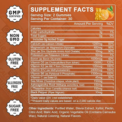 1200mg Calcium Gummies with Vitamin D3,K2,B12 & B6 - Plant Complex Calcium Magnesium Supplement with Glycinate,Potassium,Sea Moss,Ashwagandha Root for Bone & Teeth Strength, Muscle & Immune-2 Pack