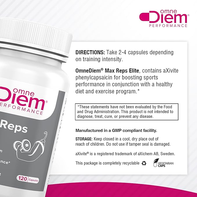 Omne Diem Max Reps Elite Capsules - Phenylcapsaicin Sports Performance Dietary Supplement - Supports Maximum Workout and Recovery & Reduces Fatigue - for Men & Women - 120 ct