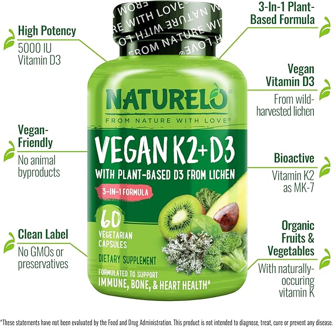 NATURELO Vitamin D3 K2 - Vegan K2+D3 with Plant Based D3 from Lichen - Natural D3 Supplement for Immune System, Bone Support, Heart Health - Whole Food - Non-GMO - Gluten Free, 60 Capsules (Pack of 2)