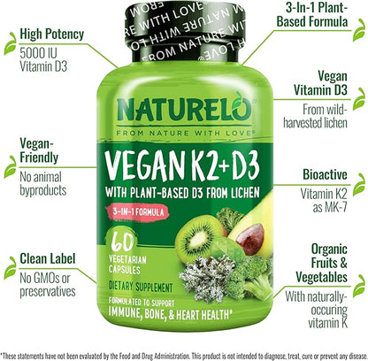 NATURELO Vitamin D3 K2 - Vegan K2+D3 with Plant Based D3 from Lichen - Natural D3 Supplement for Immune System, Bone Support, Heart Health - Whole Food - Non-GMO - Gluten Free, 60 Capsules (Pack of 2)