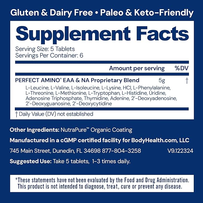 BodyHealth PerfectAmino Easy to Swallow Tablets, Essential Amino Acids Supplement with BCAAs, Vegan Protein for Pre/Post Workout & Muscle Recovery with Lysine, Tryptophan, Leucine (36 Servings)