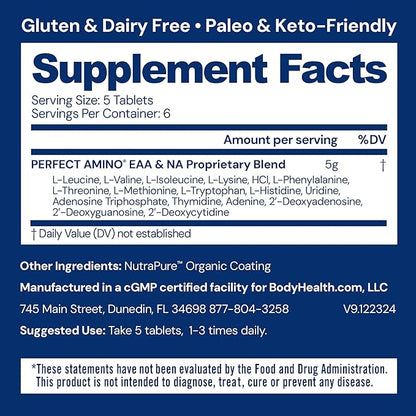 BodyHealth PerfectAmino Easy to Swallow Tablets, Essential Amino Acids Supplement with BCAAs, Vegan Protein for Pre/Post Workout & Muscle Recovery with Lysine, Tryptophan, Leucine (36 Servings)
