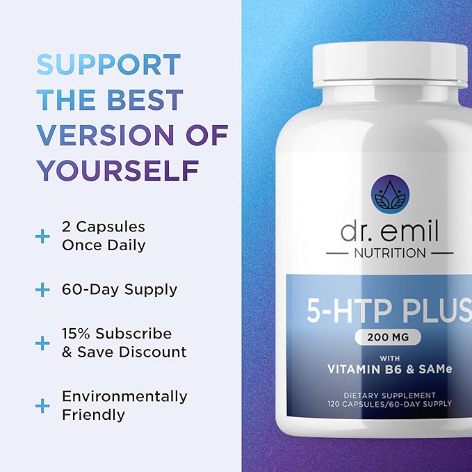 DR. EMIL NUTRITION 200 MG 5-HTP Plus with SAM-e for Mood, Stress, and Sleep - 5HTP Supplement with Vitamin B6-120 Vegan Capsules, 60 Servings