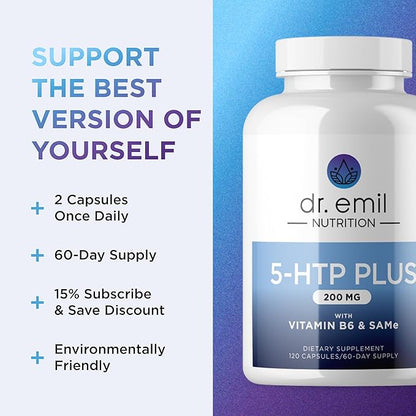 DR. EMIL NUTRITION 200 MG 5-HTP Plus with SAM-e for Mood, Stress, and Sleep - 5HTP Supplement with Vitamin B6-120 Vegan Capsules, 60 Servings
