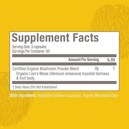 OM MUSHROOM SUPERFOOD Lion's Mane Mushroom Capsules Superfood Supplement, 180 Count, 60 Days, Fruit Body and Mycelium Nootropic for Memory Support, Focus, Clarity, Nerve Health, Creativity and Mood