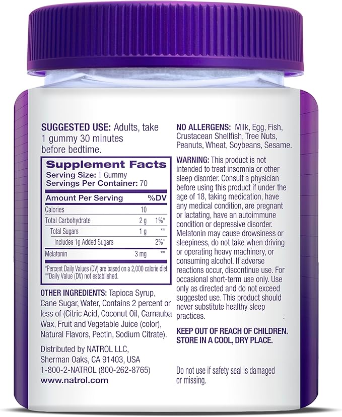 Natrol Melatonin Gummies, Sleep Support for Adults, 3 mg Melatonin Supplement for Sleeping, 70 Strawberry-Flavored Gummies, Up to a 70 Day Supply