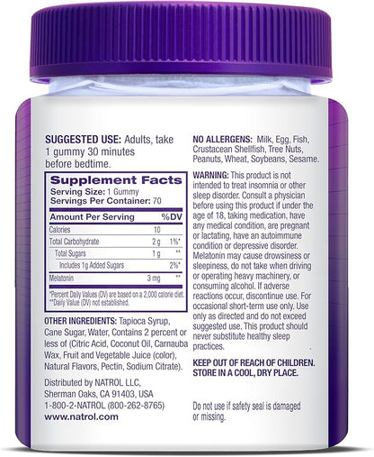 Natrol Melatonin Gummies, Sleep Support for Adults, 3 mg Melatonin Supplement for Sleeping, 70 Strawberry-Flavored Gummies, Up to a 70 Day Supply