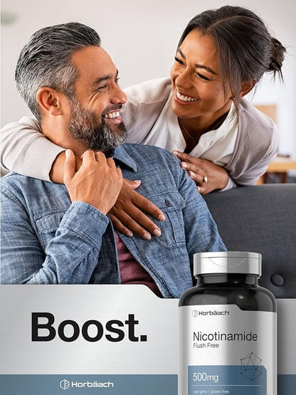 Horbäach Nicotinamide 500mg | 180 Capsules | Flush Free Dietary Supplement | Non-GMO and Gluten Free Vitamin
