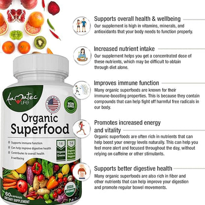 Organic Superfood Greens Fruits and Veggies Complex - Best Dietary Supplement with 14 Greens and 14 Fruits & Vegetables with Alfalfa & Antioxidant Organic Ingredients Non-GMO 240 Capsules