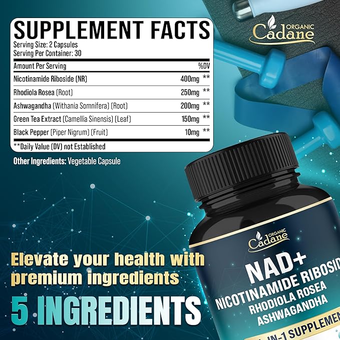 Organic Cadane Nicotinamide Riboside Supplement | with Rhodiola Rosea, Ashwagandha, Green Tea & More | Cellular Health & Vitality Support | Vegan, Non-GMO – 60 Capsules