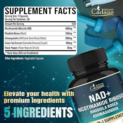 Organic Cadane Nicotinamide Riboside Supplement | with Rhodiola Rosea, Ashwagandha, Green Tea & More | Cellular Health & Vitality Support | Vegan, Non-GMO – 60 Capsules