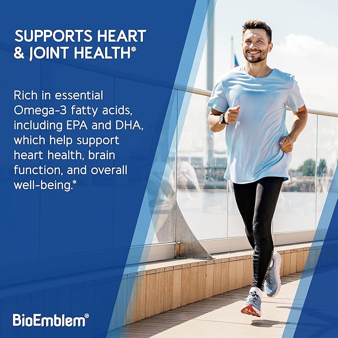 BioEmblem Omega-3 Fish Oil 2000mg - Small Size Softgels, High Absorption Form, Sustainable - 1400mg EPA &DHA Plus Vitamin D3, Non-GMO, Heart, Joint, & Brain Health Fish Oil Supplement, 120 Ct