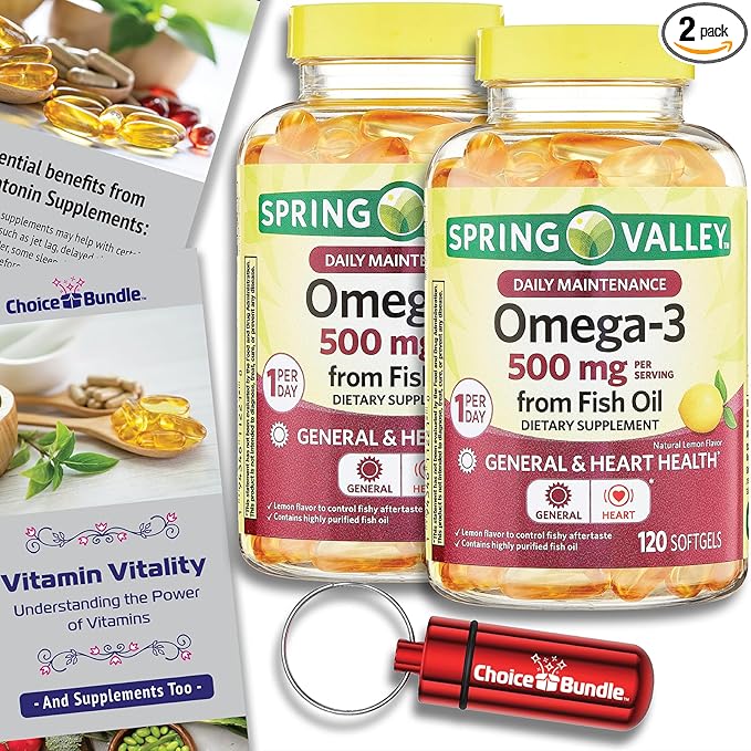 Spring Valley Fish Oil Omega 3 Fatty Acid Supplement Lemon Softgels 500 mg 120 Ct 2 pk (240 Total) + Vitamin Guide and Pill Container (4 Items)!
