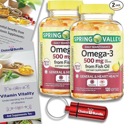 Spring Valley Fish Oil Omega 3 Fatty Acid Supplement Lemon Softgels 500 mg 120 Ct 2 pk (240 Total) + Vitamin Guide and Pill Container (4 Items)!