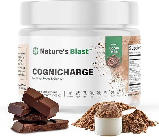CogniCharge Brain Supplements for Memory, Focus & Clarity - with Bacopa Monnieri Extract, Guarana Powder, Niacin, L-Tyrosine, Alpha GPC, GABA & More - 3.63 Oz - 30 Servings - Cocoa Mist Flavor