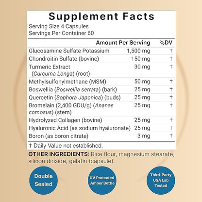 Glucosamine Chondroitin MSM Supplement, 240 Capsules | 10-in-1 Joint Supplements for Men & Women – with Hyaluronic Acid, Collagen, Glucosamine Sulfate, Turmeric, Boswellia, & More – Non-GMO