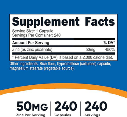 Nutricost Zinc Picolinate 50mg, 240 Vegetarian Capsules (3 Bottles) - Gluten Free and Non-GMO