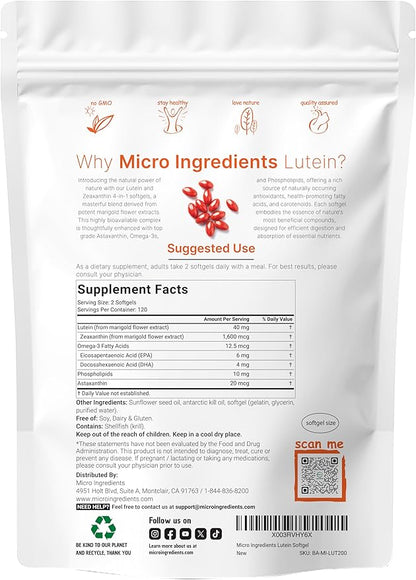 Micro Ingredients Lutein & Zeaxanthin 40mg Softgels, 240 Count, with Astaxanthin, Omega-3s, & Phospholipids | Eye + Vision Health Vitamins | Third Party Tested, Non-GMO, Gluten Free