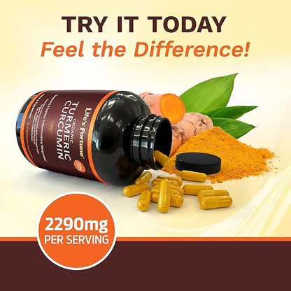 Life's Fortune Organic Turmeric Curcumin with Black Pepper and Ginger, Enhanced Absorption, Extra Strength Supplement, Joint & Immune Support, Non-GMO, 90 Cap - 2250mg
