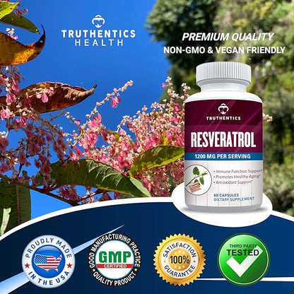 TRUTHENTICS Resveratrol Supplement 1200mg - Japanese Knotweed Capsules - High Potency Trans Resveratrol Nutritional Supplements for Healthy Aging, Vibrant Skin & Immune Health - 60 Vegan Capsules
