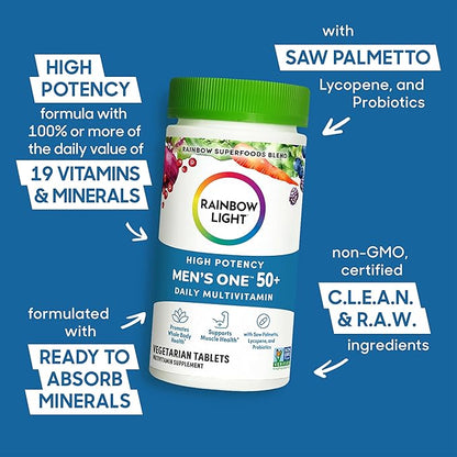Rainbow Light Multivitamin for Men 50+, Vitamin C, D & Zinc, Probiotics, Men's One 50+ Multivitamin Provides High Potency Immune Support, Non-GMO, Vegetarian, 90 Tablets