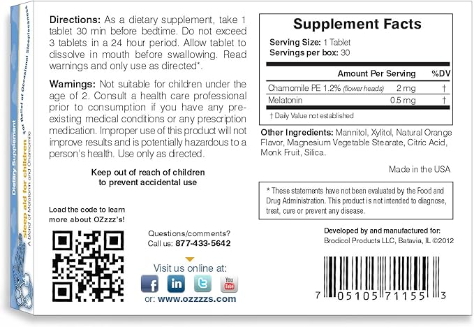 OZzzz’s Sleep Aid for Children, with Melatonin and Chamomile, Pediatrician Formulated, Zero Sugar, Vegan, Orange Dream Flavor, 30 EZ Melt Tablets