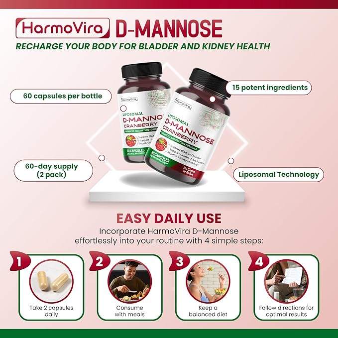 Liposomal D-MANNOSE Cranberry - Support Bladder Cleanse, Urinary Tract Health - 60-Day Supply - Made in The USA