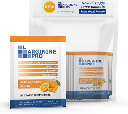 L-ARGININE PRO Supplement Powder | 30 Packets Single Serve Travel Size | 5,500mg of L-arginine Plus 1,100mg L-Citrulline, Orange