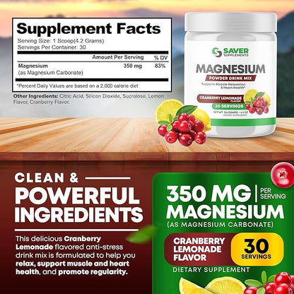Magnesium Powder - Anti-Stress Drink Mix for Calm & Regularity - Magnesium Citrate Supplement - Relaxation, Muscle & Heart Support - Cranberry Lemonade Flavor - 30 Servings