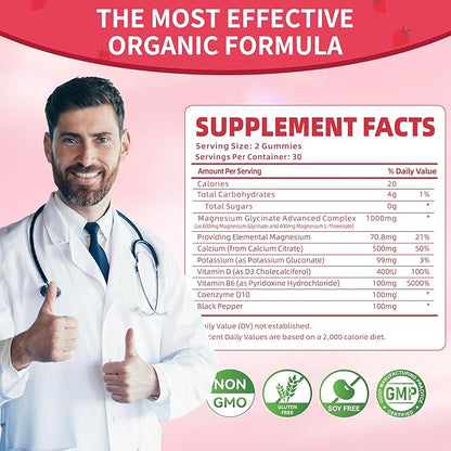 Magnesium Glycinate Gummies 1000mg - Sugar Free Magnesium Potassium Supplement with Vitamin D, B6, CoQ10 for Calm Mood & Sleep Support - 120 Strawberry Gummies -2 Pack